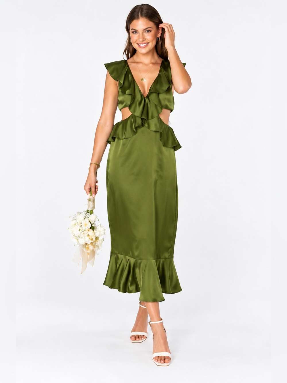 Show Me Your Mumu Zoey Midi Dress M Olive Green Satin Ruffle Cutout